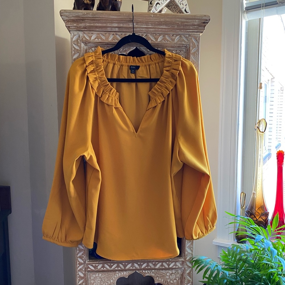 NWOT J Crew Drapey Ruffleneck Top Mustard Golden Yellow Ruffle Collar Size 2x